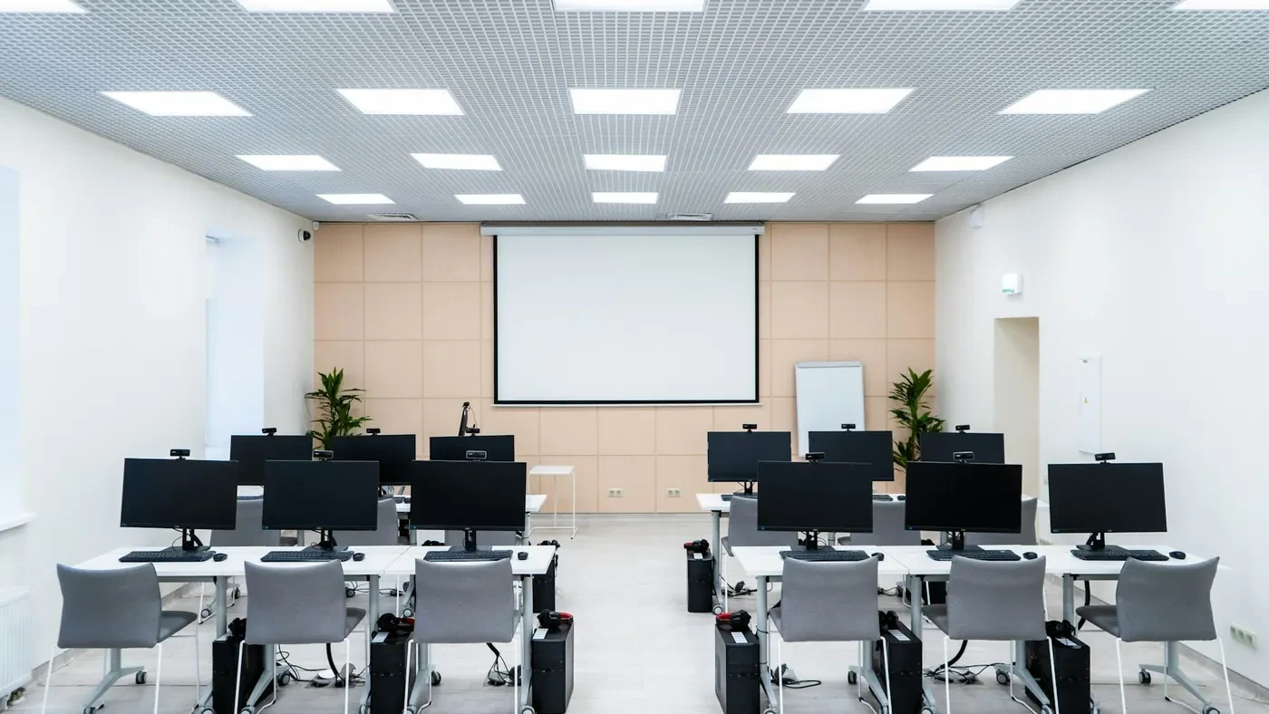 Empty classroom arranged as a computer lab
