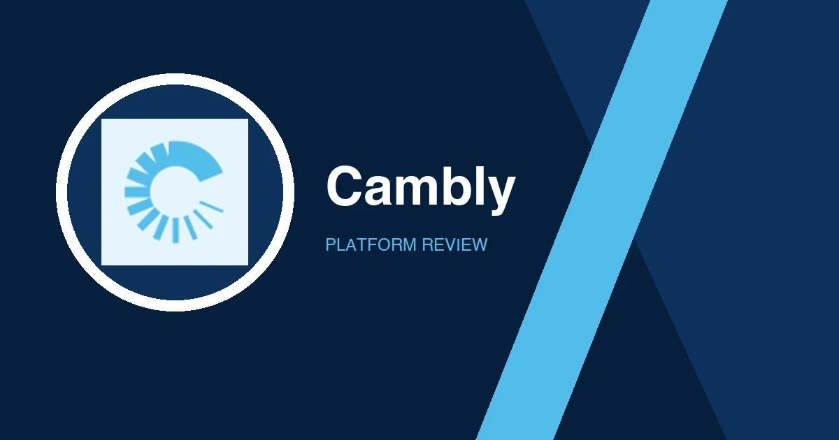 Cambly logo in white and light blue on a dark blue background