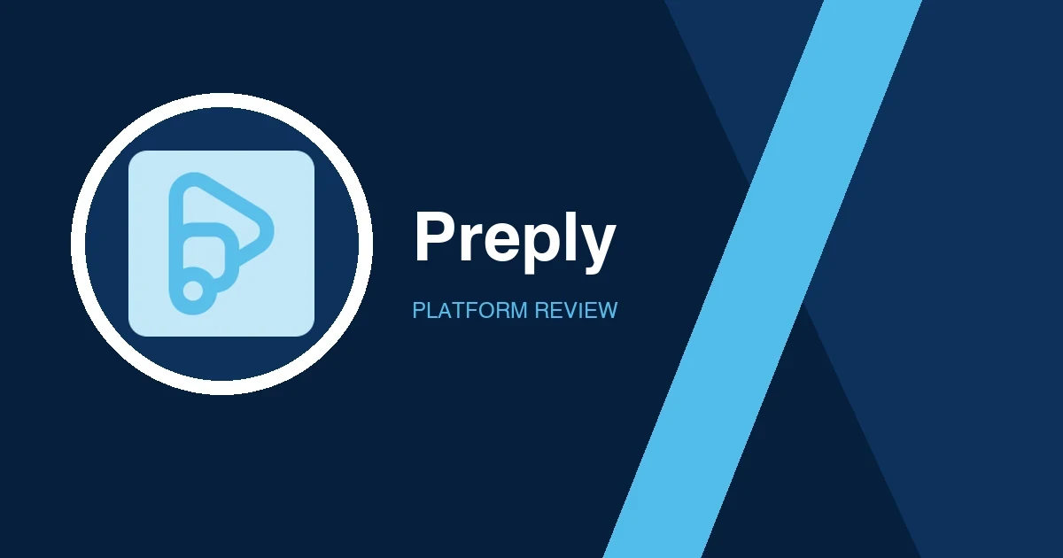 Preply logo in white and light blue on a dark blue background