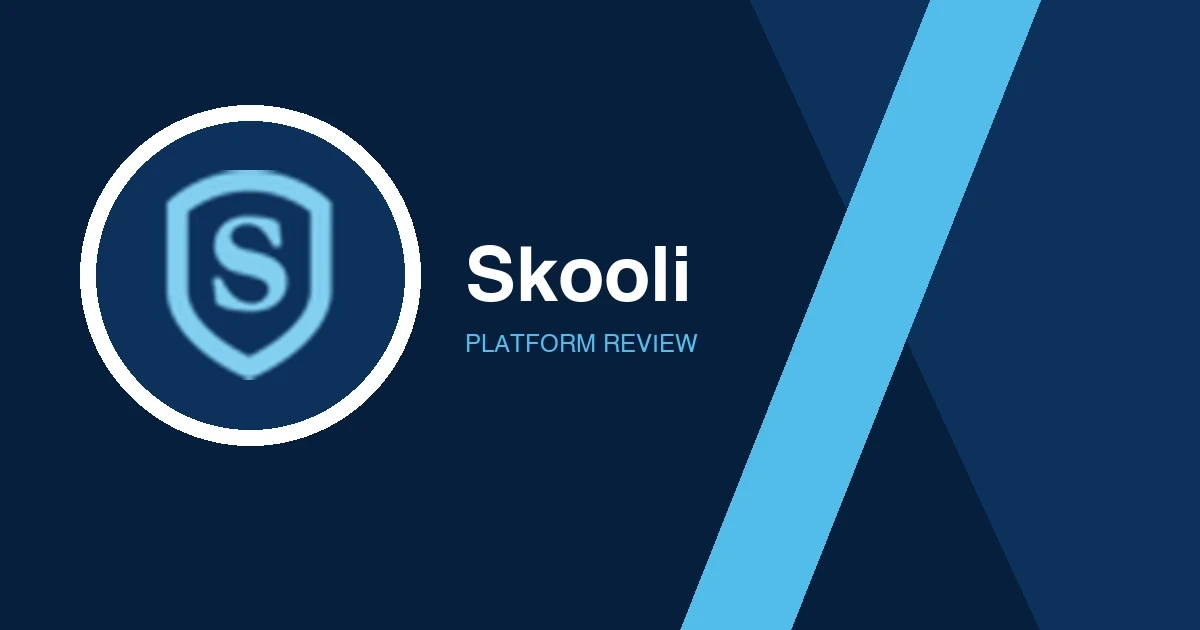 Skooli logo in white and light blue on a dark blue background