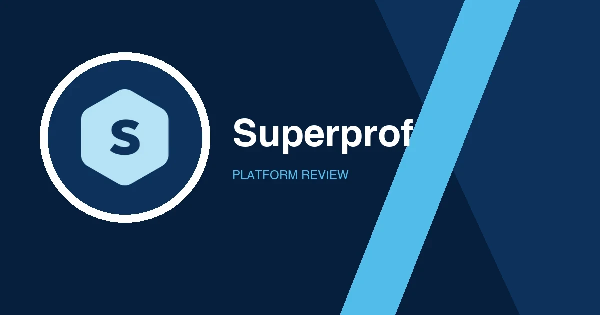 Superprof logo in white and light blue on a dark blue background